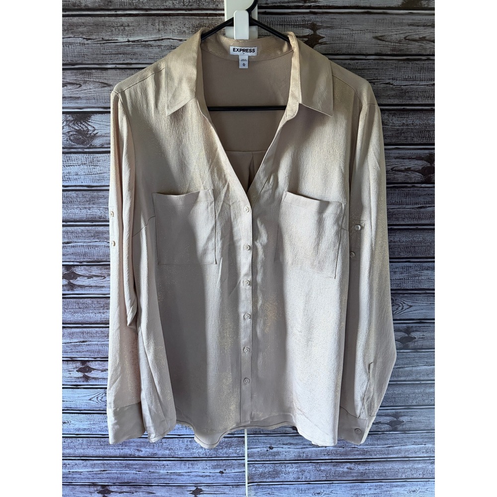 Express Women's Long-Sleeved Button-Down Top Size XL Gold Metallic V-Neck